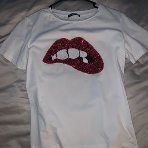 White T shirt with red sparkly lips
